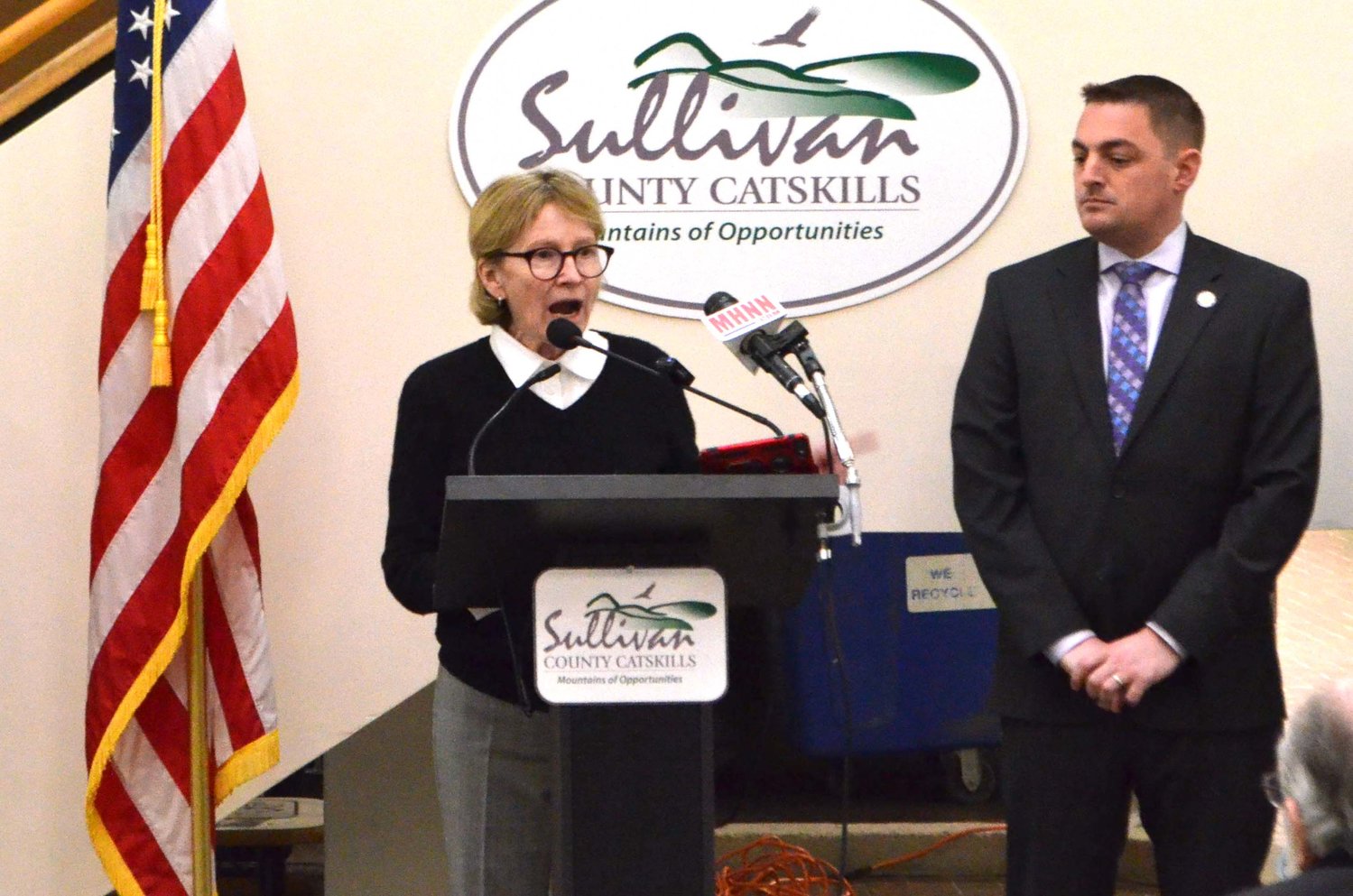 Assemblywoman Aileen Gunther, at podium, joined by Senator Mike Martucci at a press conference held to advocate for the Department of Health regional office to stay in Monticello.